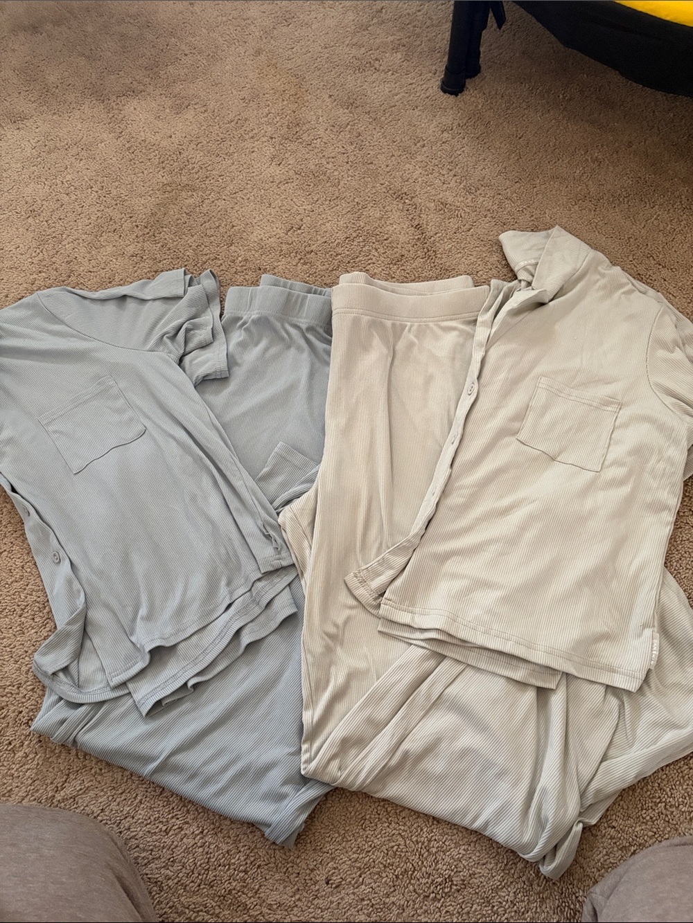 Danskin Two-Piece Ribbed Pajama Sets in Light Blue and Cream